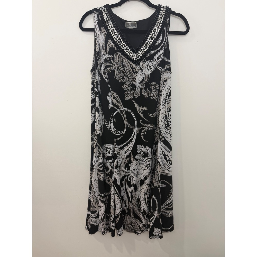 JM Collection Black White Paisley Beaded Sequin V-Neck Sleeveless Dress L